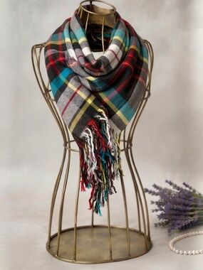 Nano Collection Plaid Fringe Square Scarf